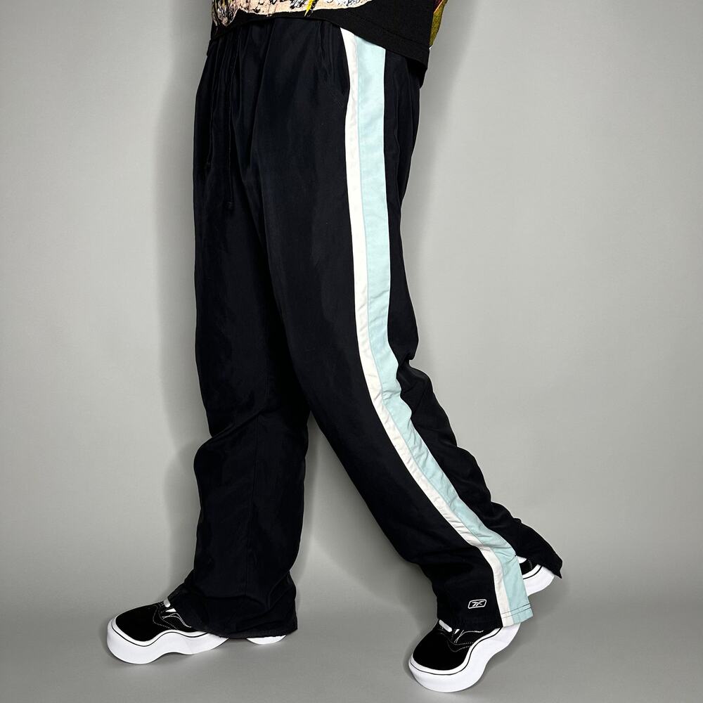 Vintage Y2K Reebok Track Pants Mens L Jet Black Mint Blue Polyester Sweatpants